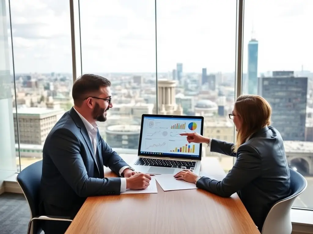 A professional business coach in a modern office setting, working one-on-one with a client, reviewing strategic plans and discussing business goals, with a focus on personalized guidance and support.
