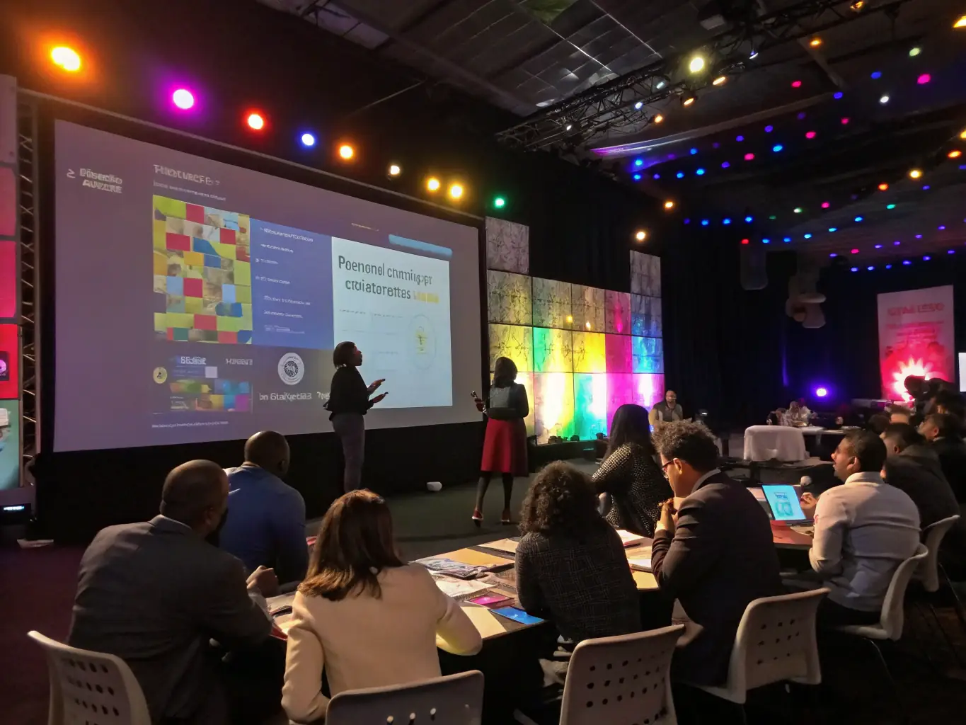 A group of professionals participating in a lively workshop, engaging with a coach and using flipcharts, representing the Career Development Workshops service.