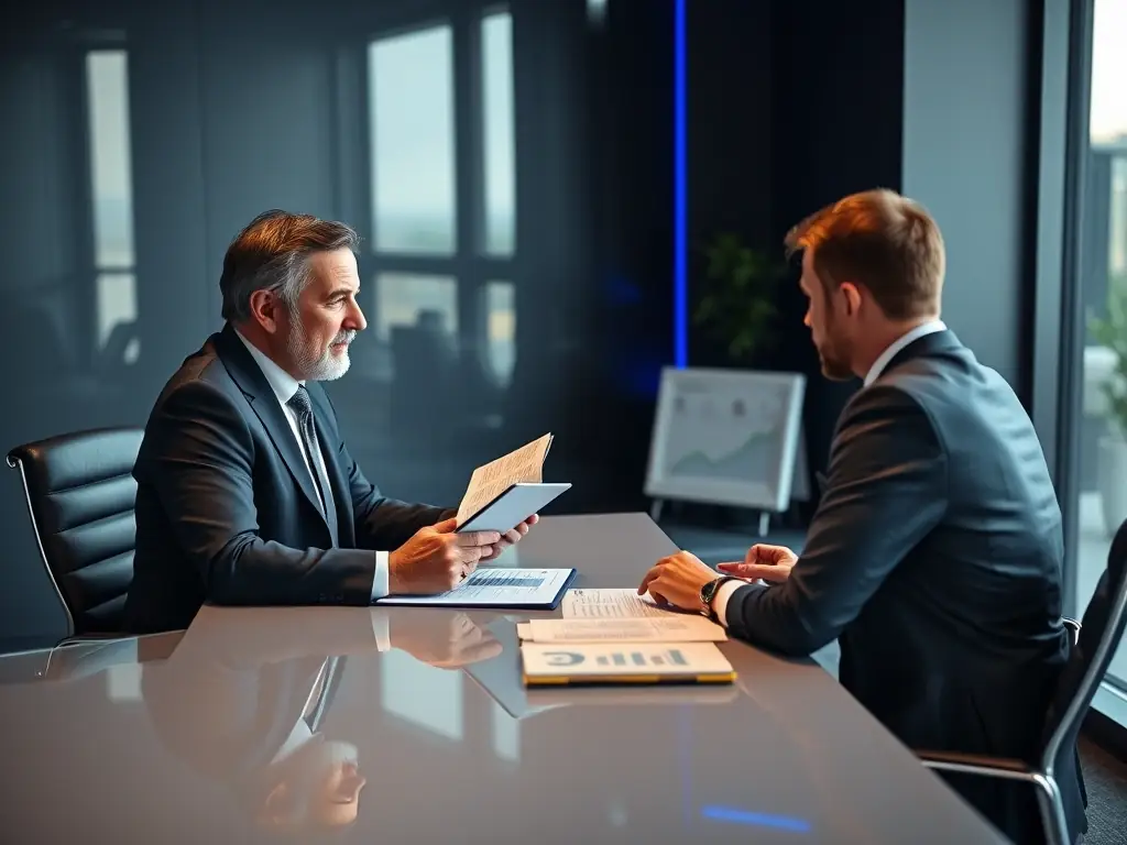 A professional coach engaging with a client in a modern office setting, with charts and laptops indicating strategic planning, representing the One-on-One Business Coaching service.