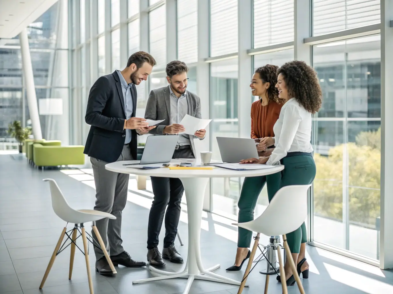 A team of business consultants brainstorming and strategizing in a modern office, focusing on scaling businesses, improving operational efficiency, and expanding market reach, with an emphasis on sustainable growth.