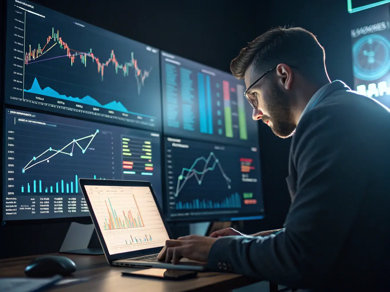 A business owner discussing growth plans with a coach, with growth charts and market analysis on a screen, representing the Business Growth Strategy Sessions service.